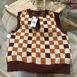 Say What? Women's Checkered Crewneck Top - Brown and Cream